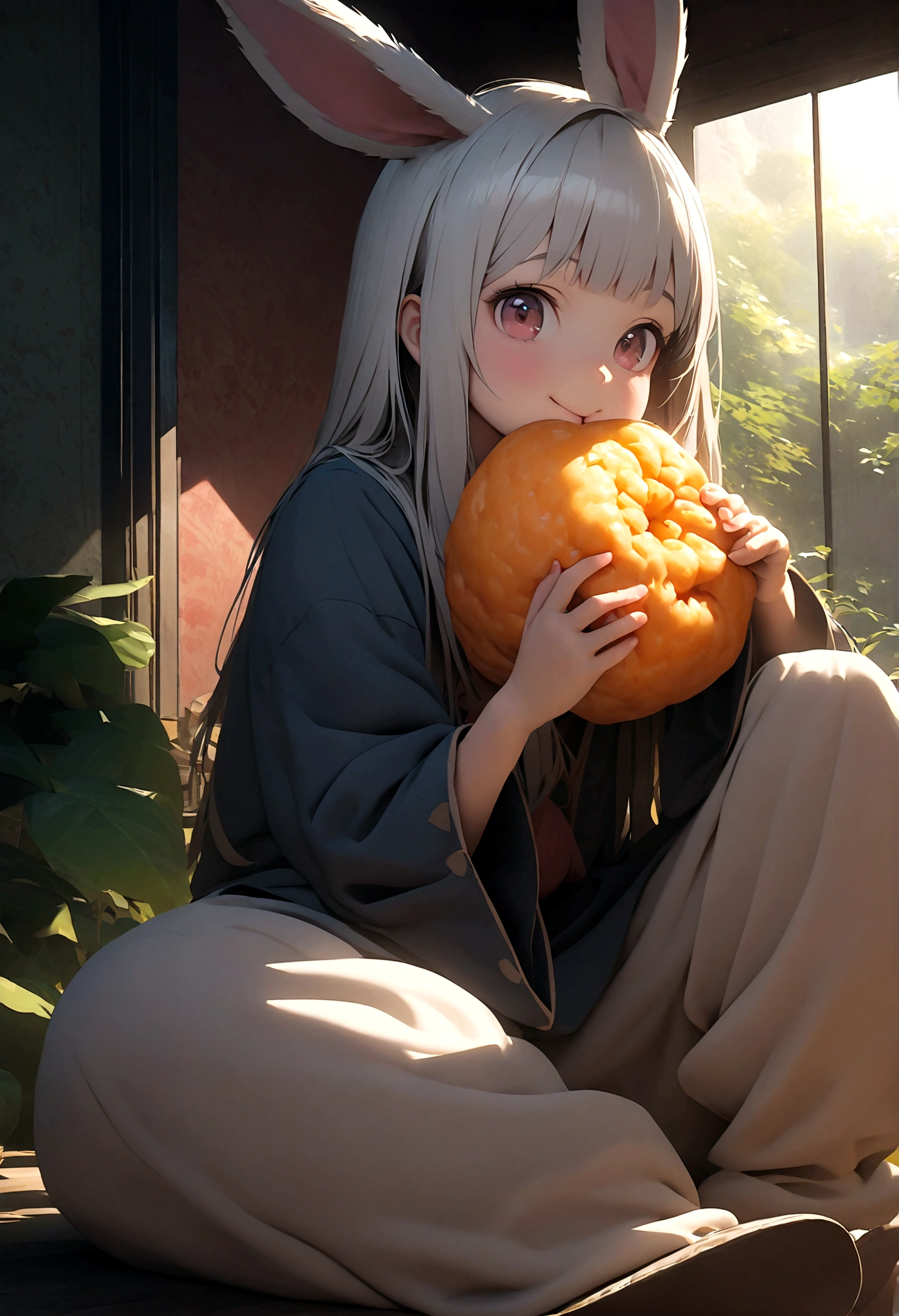 Nanaki\(Made in Abyss,male,Lovely,hairy,have,Rabbit ears,Silver Hair,long hair,Baggy pants,Tail,Smile\)Sitting and eating weird food,Beautiful nature, You can see strange and chaotic large animals from far away,, rest ,quality\(8K,wallpaper of extremely deTailed CG unit, masterpiece,High resolution,top-quality,top-quality real texture skin,Surrealism,Improve resolution,RAW photos,Best quality,highly deTailed,wallpaper,movie lighting,Ray Tracing,Golden Ratio\),close up Nanaki