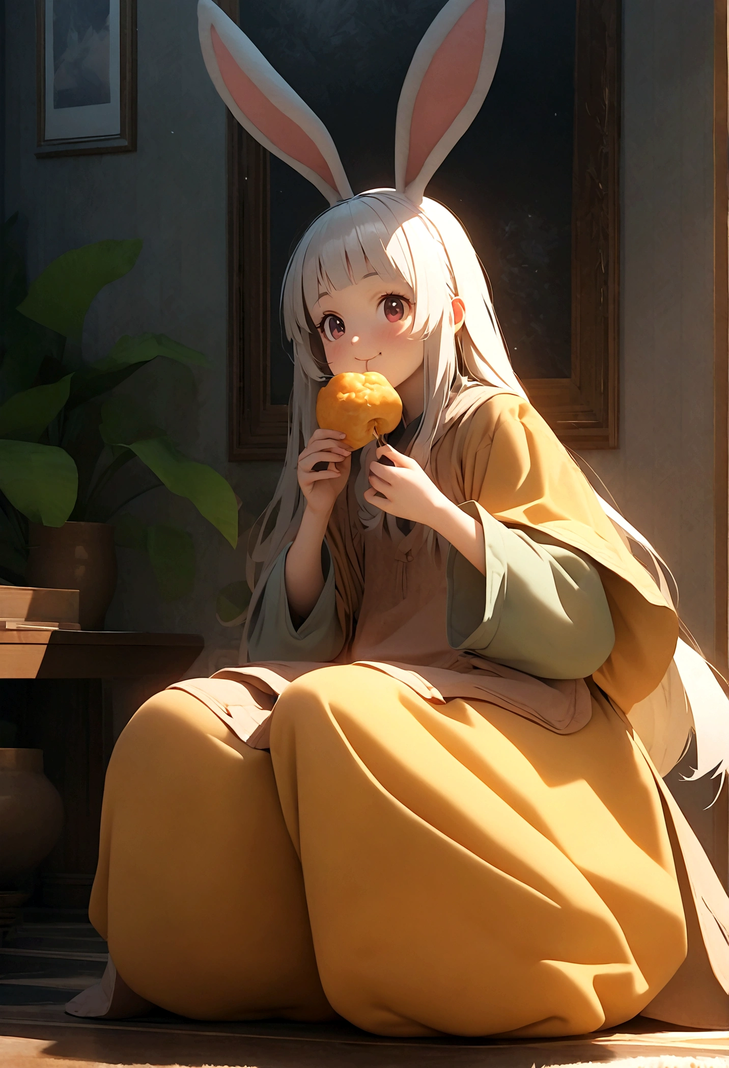 Nanaki\(Made in Abyss,male,Lovely,hairy,have,Rabbit ears,Silver Hair,long hair,Baggy pants,Tail,Smile\)Sitting and eating weird food,Beautiful nature, You can see strange and chaotic large animals from far away,, rest ,quality\(8K,wallpaper of extremely deTailed CG unit, masterpiece,High resolution,top-quality,top-quality real texture skin,Surrealism,Improve resolution,RAW photos,Best quality,highly deTailed,wallpaper,movie lighting,Ray Tracing,Golden Ratio\),close up Nanaki