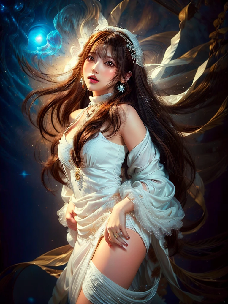 4K Ultra HD, masterpiece, A girl with a magical aura, Nice face, Long Hair, Shiny Hair, Fine grain, Glossy lips, Nude 1.5, Aura around the body, Magical Effects, Spreading white light, Cosmic elements and ethereal atmosphere, A mix of bright lights and colorful nebulae, Space Background,, Full Body Capture.Whitening、((Brown Hair))、(((Wearing white cloth 1.5)))、Fluttering hair and fabric、hair ornaments、necklace、Big earrings、、