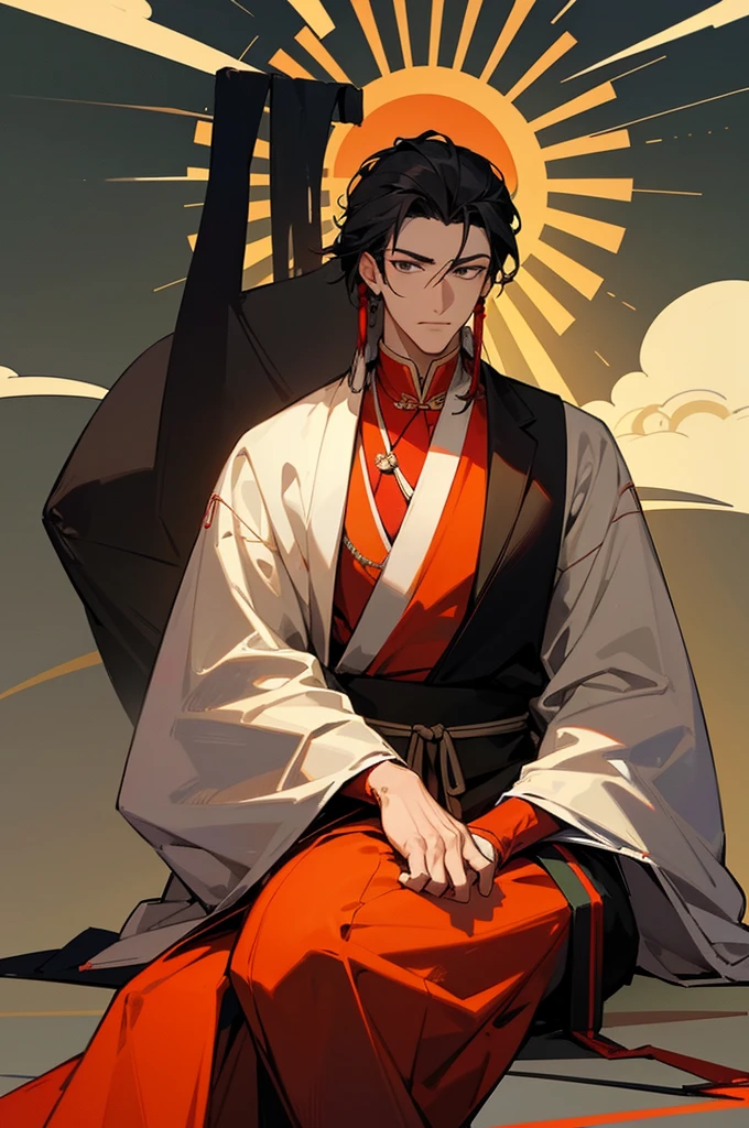 A handsome guy in Chinese Tibetan clothes, sitting, looking thoughtful, with his right hand supporting his chin and his left hand on his leg, the sun is just right, dark color theme background