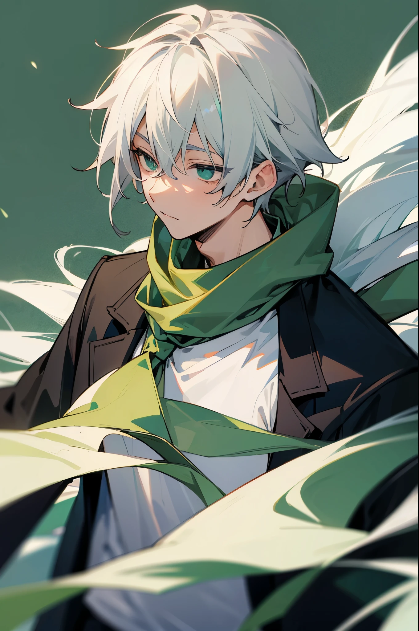 1 boy, inumaki toge, white hair dark green scarf, black jacket, white t-shirt