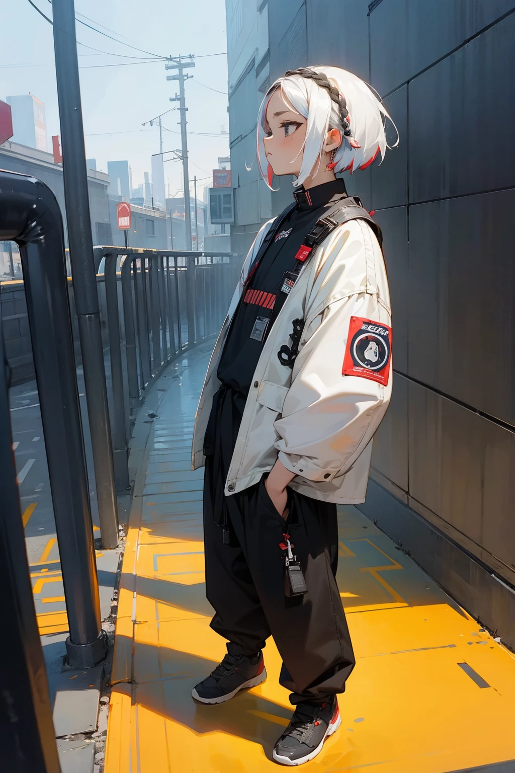 1male, braided hair, multicolored hair, short hair, black eyes, expressionless, baggy modernized clothing, city background, detailed background, hands to side, standing on path