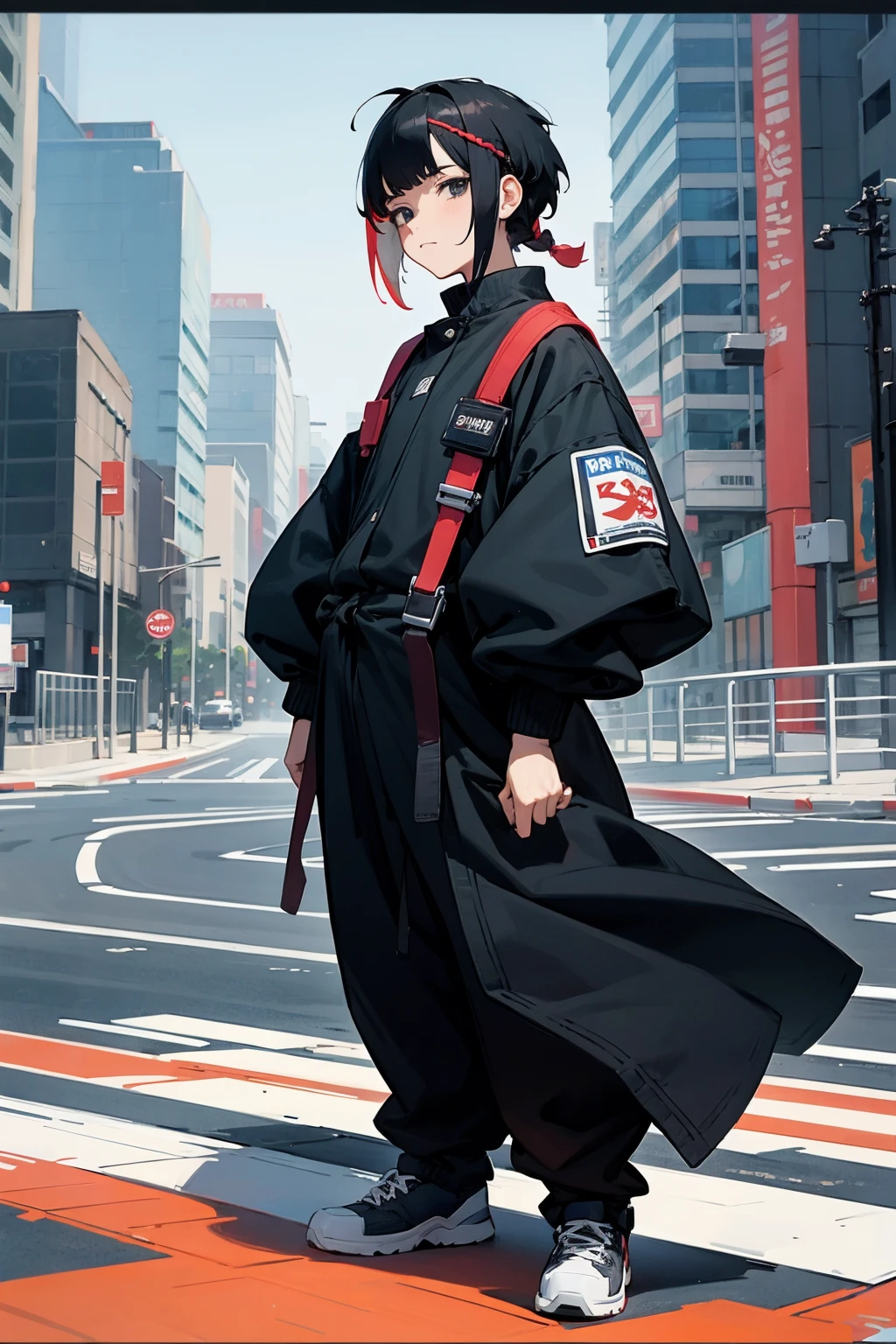 1male, braided hair, multicolored hair, short hair, black eyes, expressionless, baggy modernized clothing, city background, detailed background, hands to side, standing on path