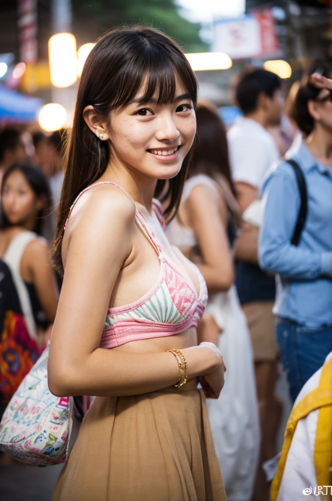 Yukata, summer festival night market,  high school stuody)), ((photo)), ((best qualtiy, 8K, tmasterpiece:1.3)), Focus:1.2, perfect figure beautiful girl:1.4, 1girl, cowboy shot, look at viewer, incredibly absurd, beautiful and cute girl with a photorealistic face, showcasing top-quality craftsmanship, A Japanese girl walking around looking at the food stalls at a summer festival on a night, 15 years old, straight hches about 10cm below her shoulders, light brown hair color, shiny hair, bangs cut straight above her eyes, hair tucked behind her ears, soft round face, large almond-shaped eyes, light brown eye color, long eyelashes, thin and neat eyebrows, small nose with a straight bridge, cherry-colored lips, bright smile, white teeth, smooth skin, fair skin, light pigmentation, freckles, average height, lithe figure, well-balanced proportions, small A-cup breasts, white and pink pastel-colored yukata, bracelet with charms, diamond stud earrings, beautiful girl, pure, moe, cheerful, curious, friendly, polite, responsible, likes festivals and events, August