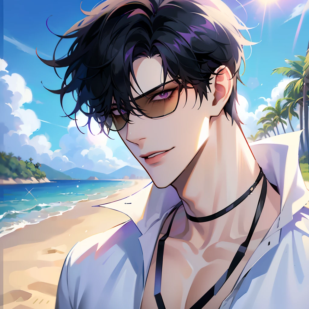 (masterpiece, 4k, high quality:1.3), 1boy, solo, short hair, black hair, asymmetrical fringe, purple eyes, handsome, sharp eyes, (mature male, mature:1.2), male focus, fashionable, open purple shirt, necklace, smile, close up, beach, sand, boats in the background, sunshine, ((sunglasses)), windy