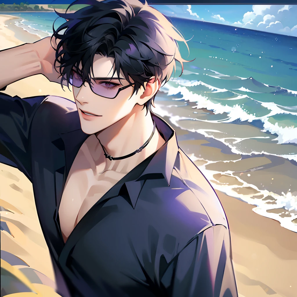 (masterpiece, 4k, high quality:1.3), 1boy, solo, short hair, black hair, asymmetrical fringe, purple eyes, handsome, sharp eyes, (mature male, mature:1.2), male focus, fashionable, open purple shirt, necklace, smile, close up, beach, sand, boats in the background, sunshine, ((sunglasses)), windy