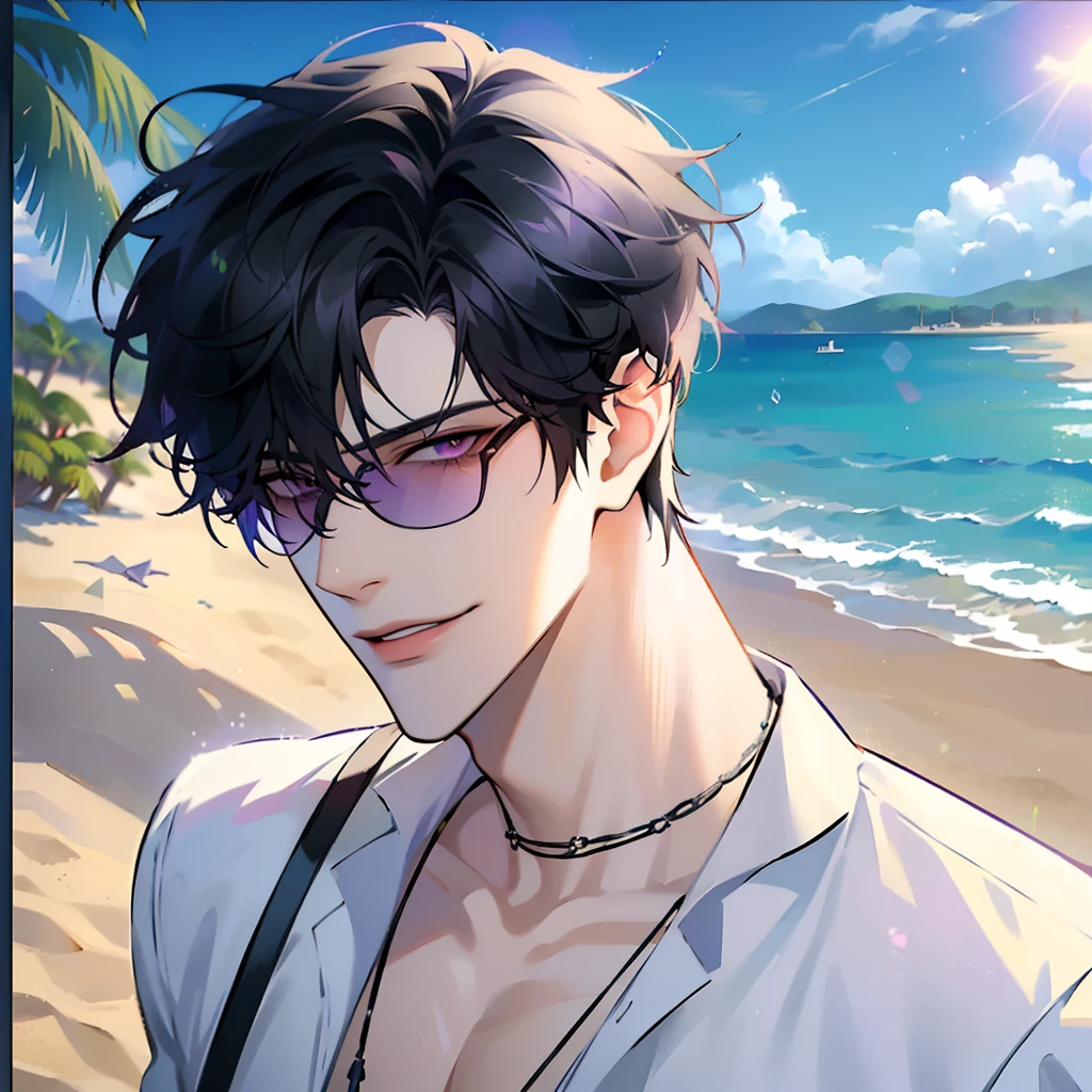 (masterpiece, 4k, high quality:1.3), 1boy, solo, short hair, black hair, asymmetrical fringe, purple eyes, handsome, sharp eyes, (mature male, mature:1.2), male focus, fashionable, open purple shirt, necklace, smile, close up, beach, sand, boats in the background, sunshine, ((sunglasses)), windy