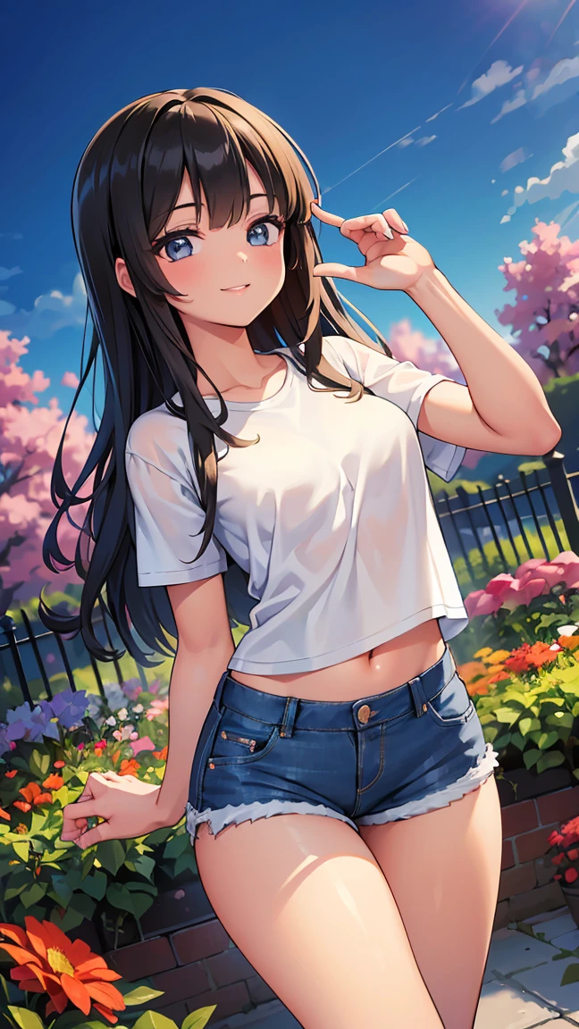 (8K, Live shooting, best quality, muste piece: 1.2), High-definition RAW color photo, Professional photography, cinematic light, ((1 girl)), focus on butt, (Low - Angle:1.2), super cute face, (black long hair), smile, Gorgeous body, glossy lips, slender body, big breasts, small butt, ((T-shirt, denim shorts, )), with your back turned:1.5, Are standing:1.2, Turn around pose, natural makeup, long eyelashes, shiny hair, asymmetrical bangs, tanned skin, pretty face, beautiful detailed eyes, beautiful body, beautiful chest, beautiful thighs, beautiful legs, (((clean fingers, 5 fingers on hand, five fingers))), (((flower garden, garden))), central image, high resolution, high detail, detailed hairstyle, detailed face, epic movie lighting, lively, hyper real, perfect limbs, perfect anatomy, anatomically correct,