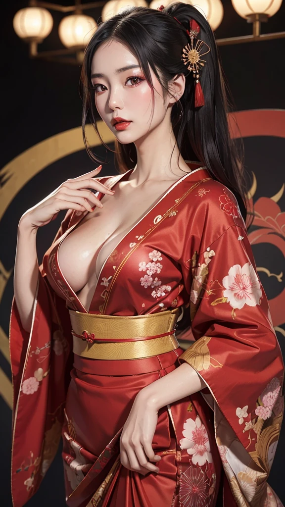Japanese courtesan, 30 year old woman, Japanese courtesan kimono, gorgeous decoration, fair skin, red makeup around the eyes, red lipstick, nude, viewer's gaze, detailed texture, long black hair, gorgeous background, natural light, cinematic scene, high definition, 8k image, please create an AI image prompt in English with this content