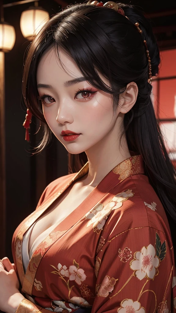 Japanese courtesan, 30 year old woman, Japanese courtesan kimono, gorgeous decoration, fair skin, red makeup around the eyes, red lipstick, nude, viewer's gaze, detailed texture, long black hair, gorgeous background, natural light, cinematic scene, high definition, 8k image, please create an AI image prompt in English with this content