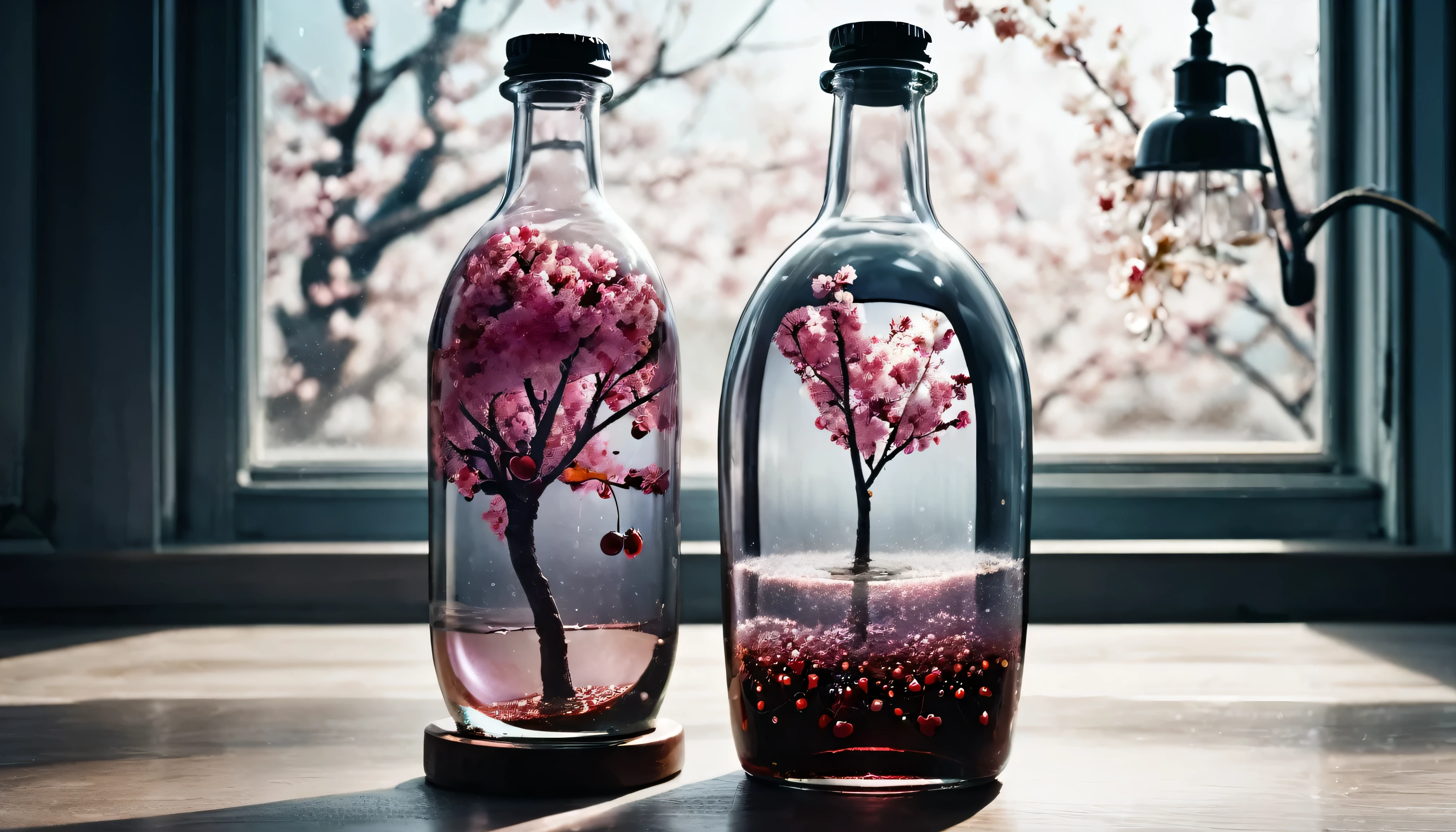 Cherry tree in a bottle, fluffy, Realistic, Refraction of atmospheric light, photograph:Lee Jeffries, Nikon d850 film stock photos 4 kodak portra 400 camera f1.6 Lenses, Rich colors, ultra Realistic Realistic textures, Dramatic lighting, Unreal Engine Trending on Artstation cinestill 800, Style-Glass
