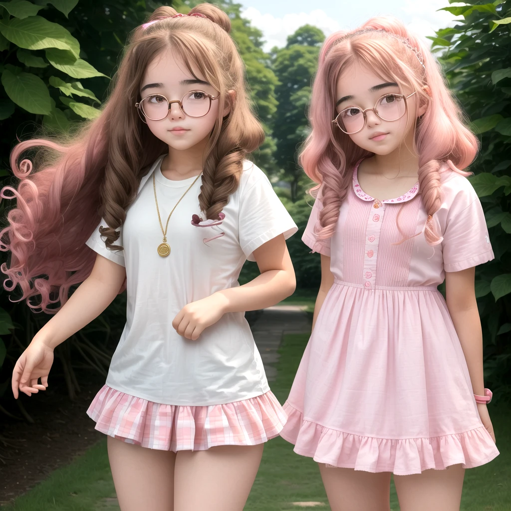 A girl with chubby cheeks, long curly hair, glasses and pink cheeks. cute outfit white skin