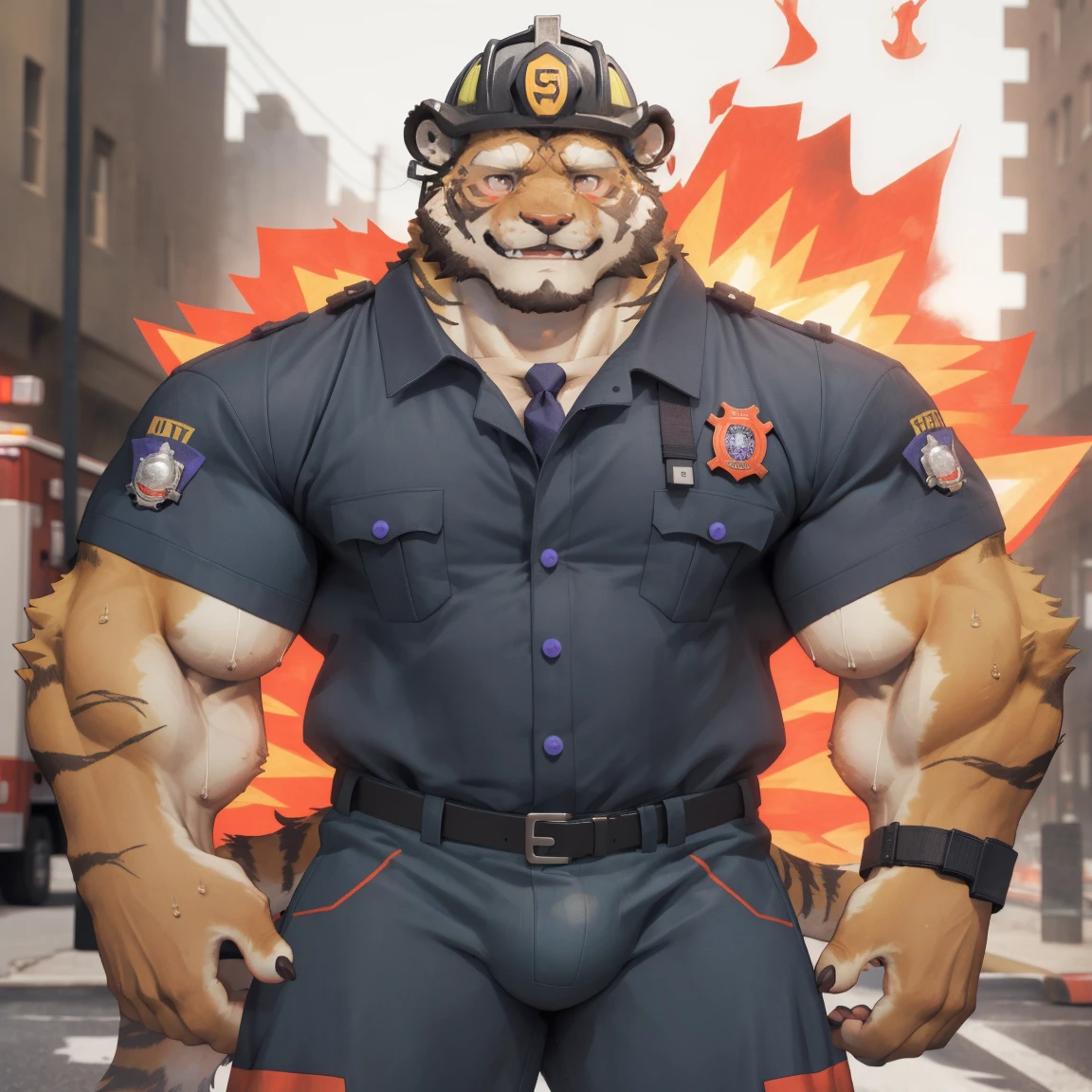masterpiece, best quality, 8k resolution, Very detailed, hairy,tiger,((red hair)),muscle,Strong,超大muscle,((Sweating)),(((Purple Eyes))),For the audience,(((firefighter clothing))),portrait,(((helmet))),(Highest quality scene),(((fire truck))),on the street,(((smiling))),(((Hip bulge))),(((Ultra clear eyes)),(((Blushing))),((Solitary)),((whole body)),(((golden fur)))