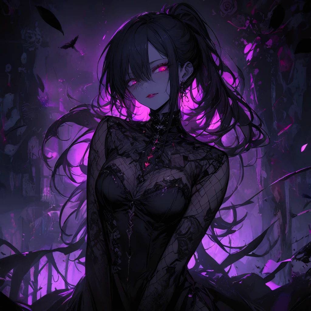 (dark atmosphere,gothic fashion,bright colors),(best quality,Super exquisite,),Sexy goth Vampire girl,In the rose garden at night,Beautiful and delicate eyes,Straight black ponytail with blue tips,Crow feathers,red lipstick,mysterious smile,Pale complexion,fishnet stockings,black lace dress,Pointed-toe bootysterious aura,The moonlight illuminates her elegant silhouette,Soft shadows and soft highlights,Contrasting colors create a vibrant atmosphere,dark and moody color palette,Subtle yet dramatic lighting effects,Sublime darkness intertwined with exquisite moonlight, She's tall and mature