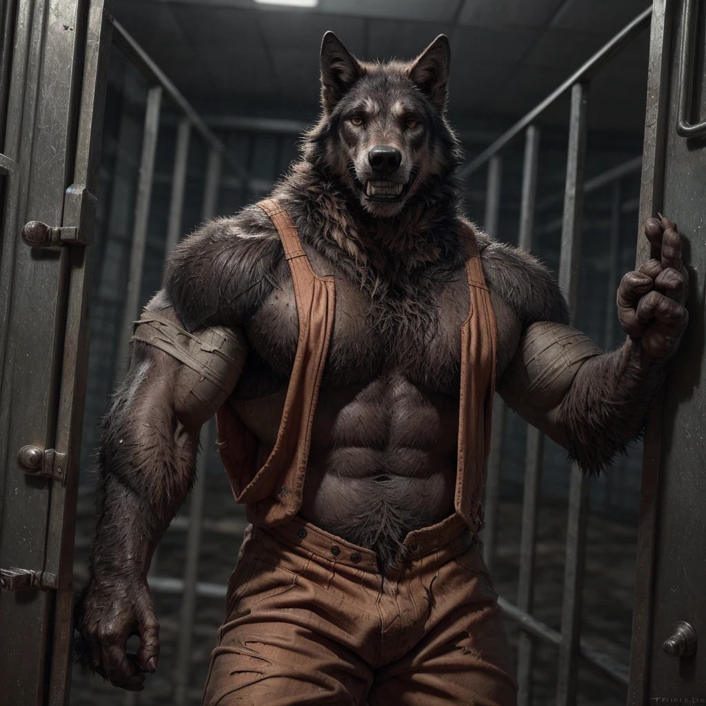 Prison setting, prison cell, wolf, equine, orange clothing, prison jumpsuit, flex, muscular, barazoku, evil grin, torn clothing,
BREAK,
(detailed background:1.2),high detail, film photography, RAW candid cinema, realistic, analog style, best quality, ultra realistic, 8k, (by taran fiddler),