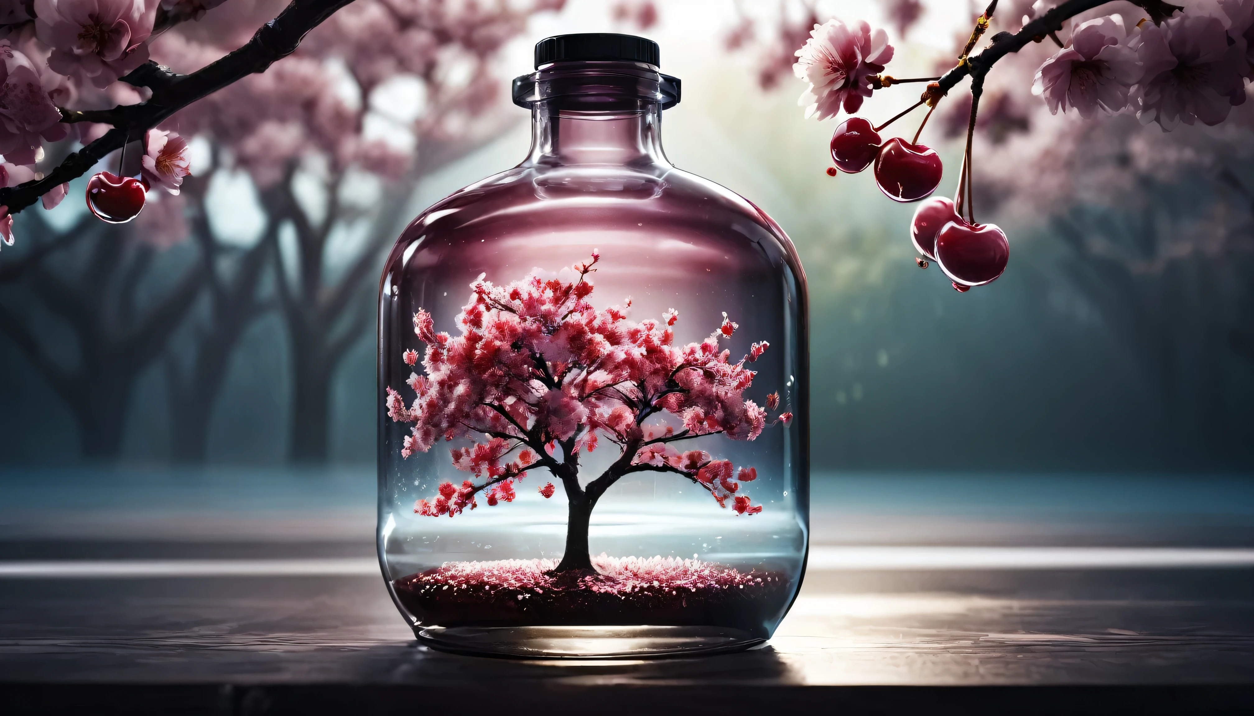 Cherry tree in a bottle, fluffy, Realistic, Refraction of atmospheric light, photograph:Lee Jeffries, Nikon d850 film stock photos 4 kodak portra 400 camera f1.6 Lenses, Rich colors, ultra Realistic Realistic textures, Dramatic lighting, Unreal Engine Trending on Artstation cinestill 800, Style-Glass