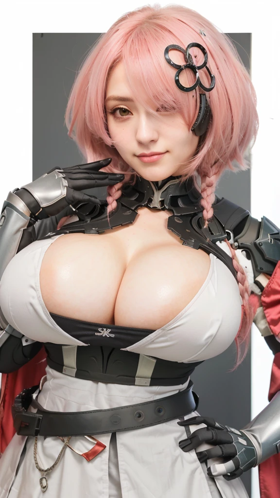 uma mulher com cabelo rosa e uma roupa preta e branca, biomechanical Oppai, detalhes finos. linha de frente das s, Oppai, from linha de frente das meninasso, Oppai cyberpunk, usando peitoral brilhante, dos arknights, com seios grandes, armadura grossa, decote, impacto de ayaka genshin, seios grandes!, com seios grandes, garota de armadura