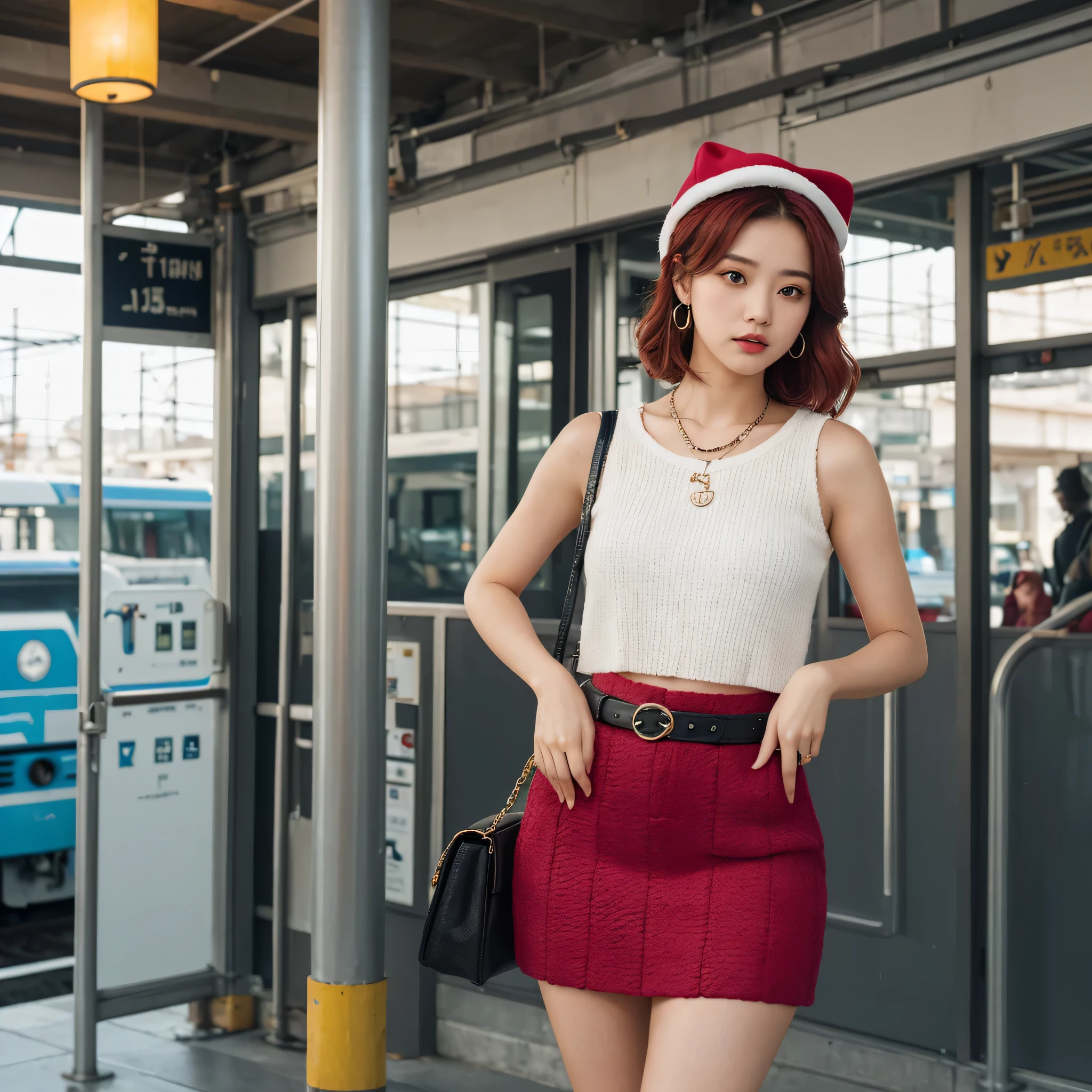 (Ultra-detailed eyes), (((textile shading))), (((Best Quality))), (((masterpiece))), (((Ultra realistic))), fat, sassy girl, street girl, messy hair, Emo Pin up Girl, pink fruity top, white fruity skirt, long leg warmers, y2k sparkle belt, faux fur hat, cute necklace, y2k edition earrings, black and pink outfit colors, Striking a pose, natural make up, skinny fat innocent, in a haunted rail station, heavenly, midshot, centered image, good girl, innocent girl, front look, red hair, red hair, red hair
