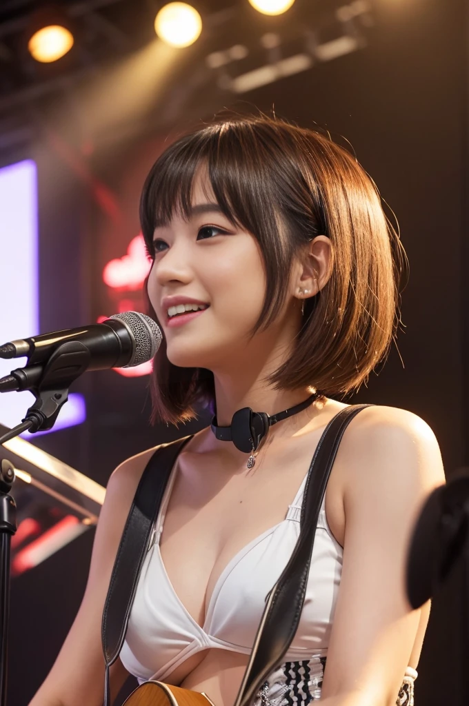 1woman, idol, ponytail, bob cut, brown hair, 20s, 4 people, music band, white bikini, smile, live house, musical