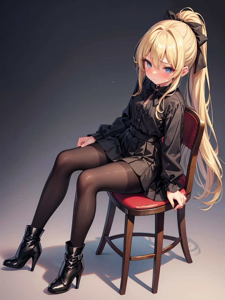 An anime woman with a blonde ponytail with a small black ribbon, a black skirt, pantyhose and high heel boots, sitting on a chair, blushing