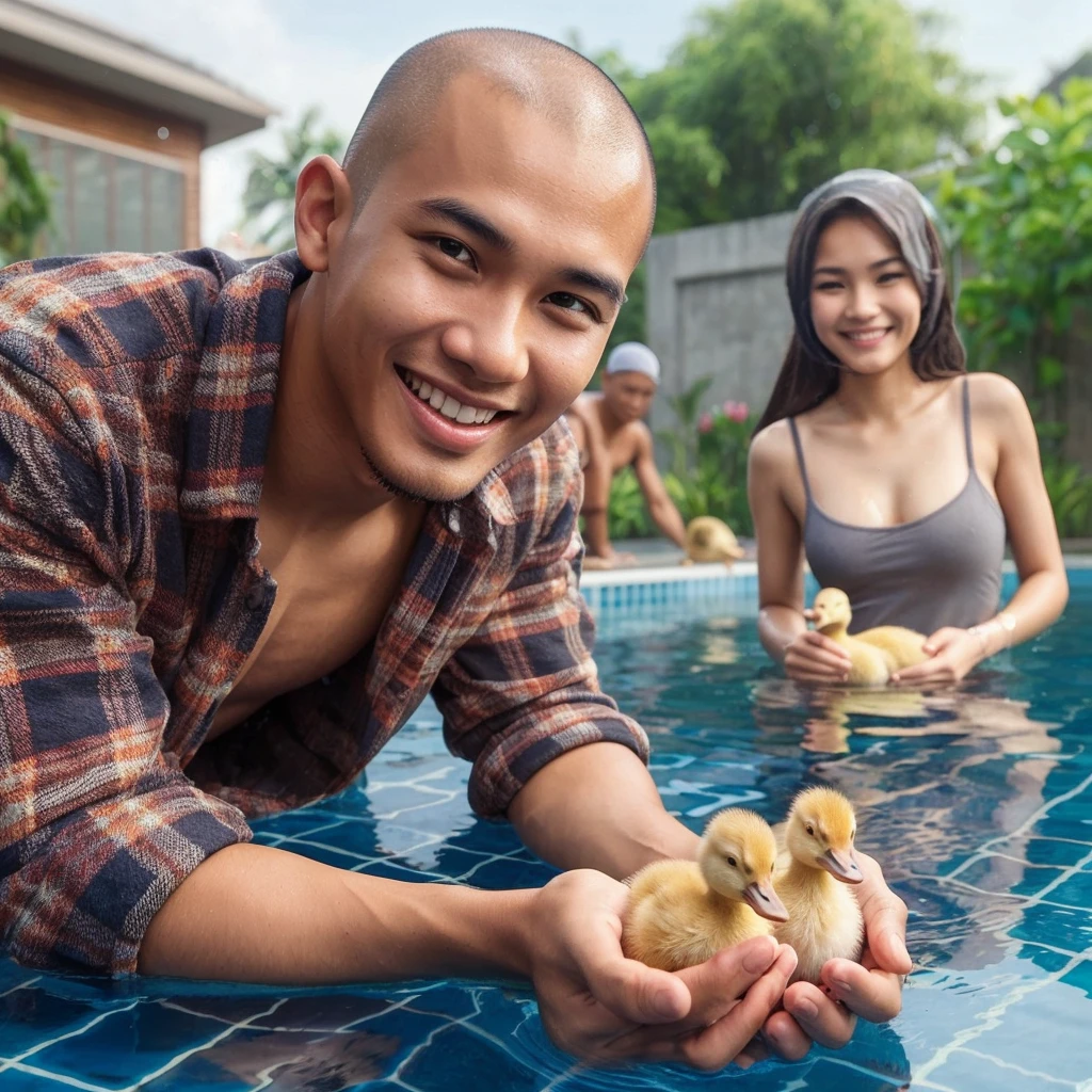 realistic photo, shows an indonesian young man, bald head,  wearing plaid shirt, was training duckling to swim in the pool. Beside him there was a beautiful girl, wearing a grey tanktop, watching with a cheerful face, smiling happily