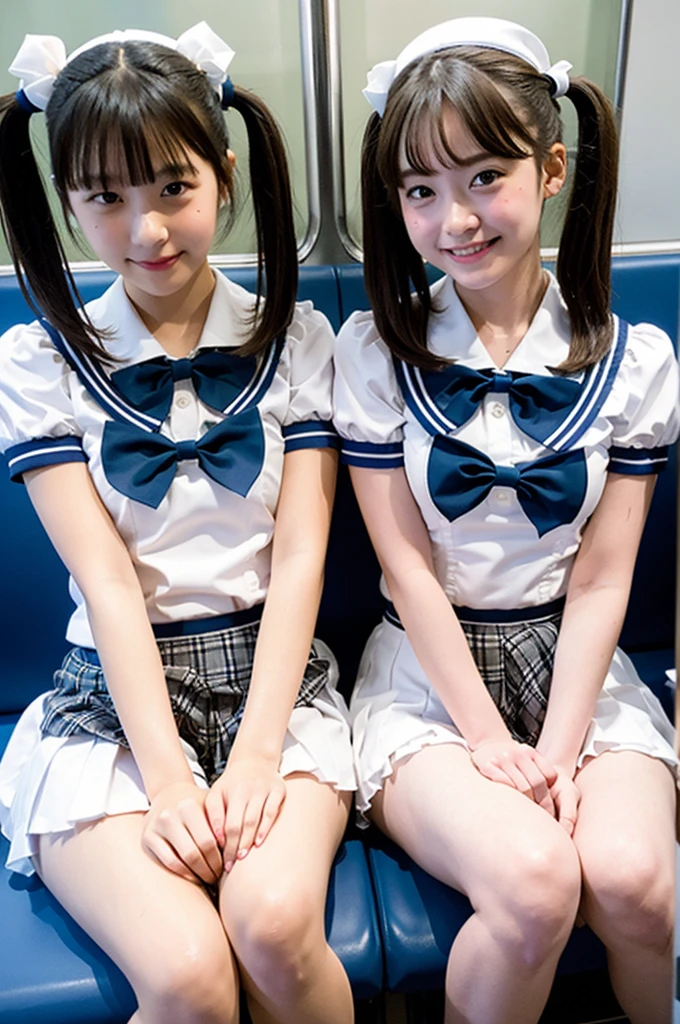 2 girls on bench in train,short-sleeved white sailor leotard with blue frills,plaid bow tie,18-year-old,bangs,a little smile,large bare thighs,knees,spreading legs apart,short hair with low pigtails,from before,front light