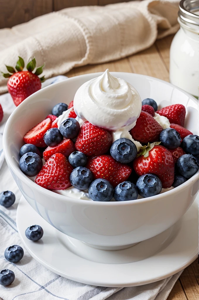 bowl of strawberries and blueberries with Greek yogurt