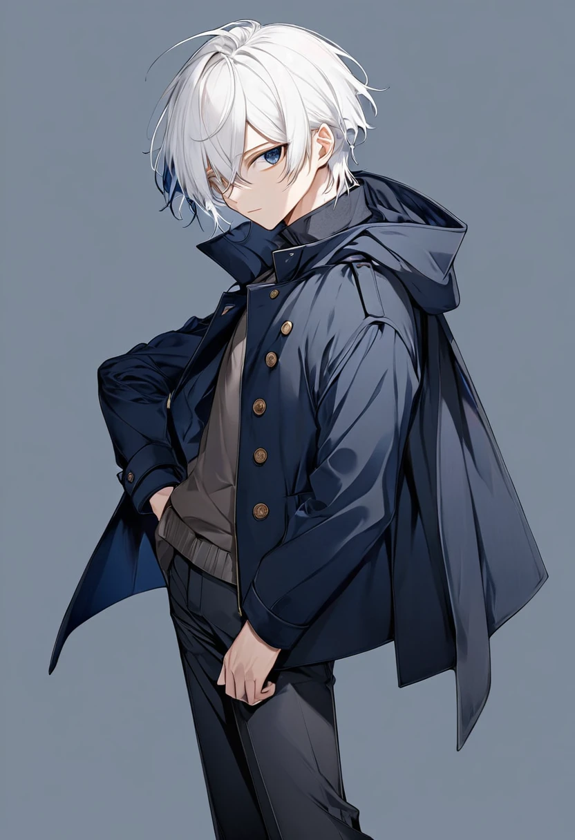 male, anime style, 2d, young, white hair, dark blue coat, dark grey pants, standing pose, no backgroind,  high definition