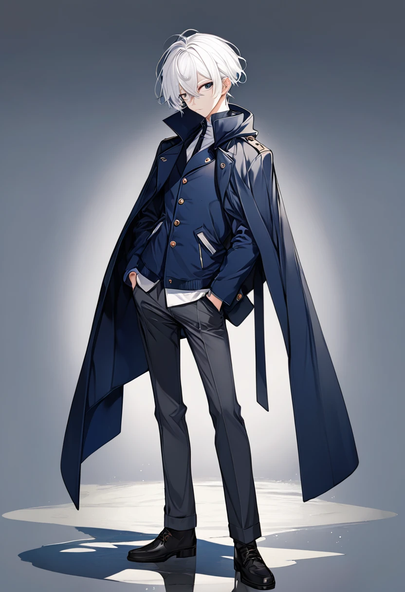 male, anime style, 2d, young, white hair, dark blue coat, dark grey pants, standing pose, no backgroind, high definition