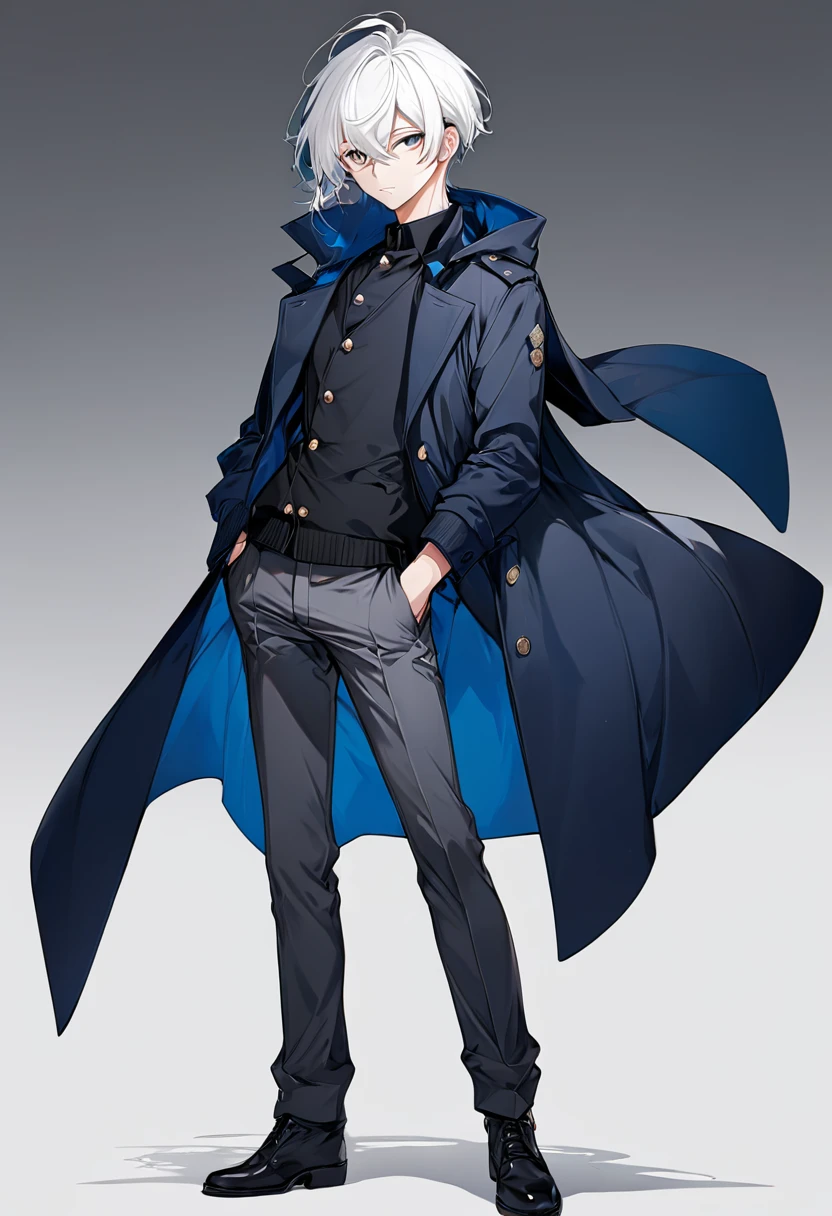 male, anime style, 2d, young, white hair, dark blue coat, dark grey pants, standing pose, no backgroind, high definition