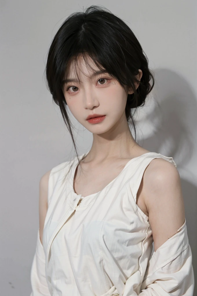 Beautiful woman with perfect figure:1.4,Ultra-high resolution,White background,(lifelike:1.4),Layered Hairstyle,Lipstick,White skin,Super short pleated skirt,whole body,Very delicate face and skin texture,Double eyelids,Skin Whitening,short hair,White hair