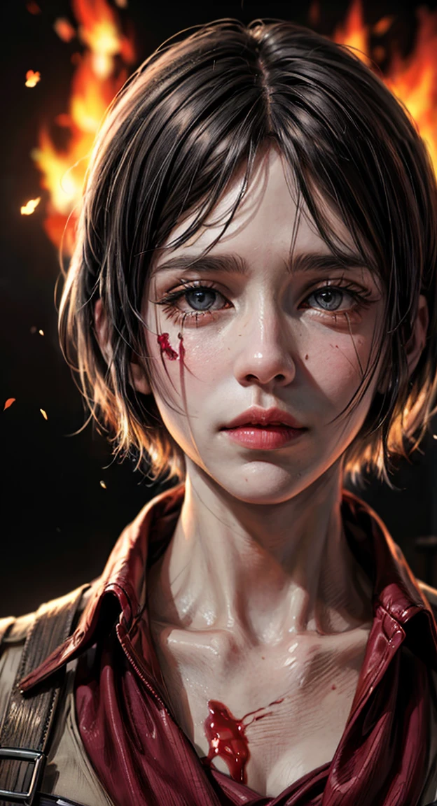 (masterpiece), (hyper realistic), Attack on Titan, half body shot, Mikasa Ackerman, Crying, sadness, Tears, A maroon scarf around his neck, blood stains on his face and clothes, dinamic lighting, dramatic fire background