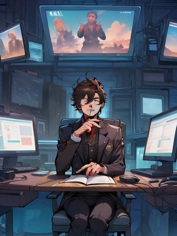 There's a man sitting at a desk with two computer monitors, sentado em um computador, sentado em frente ao computador, olhando para o monitor, displaying stock charts, sentado em uma mesa de computador, na frente de um computador, trading, trading stocks,