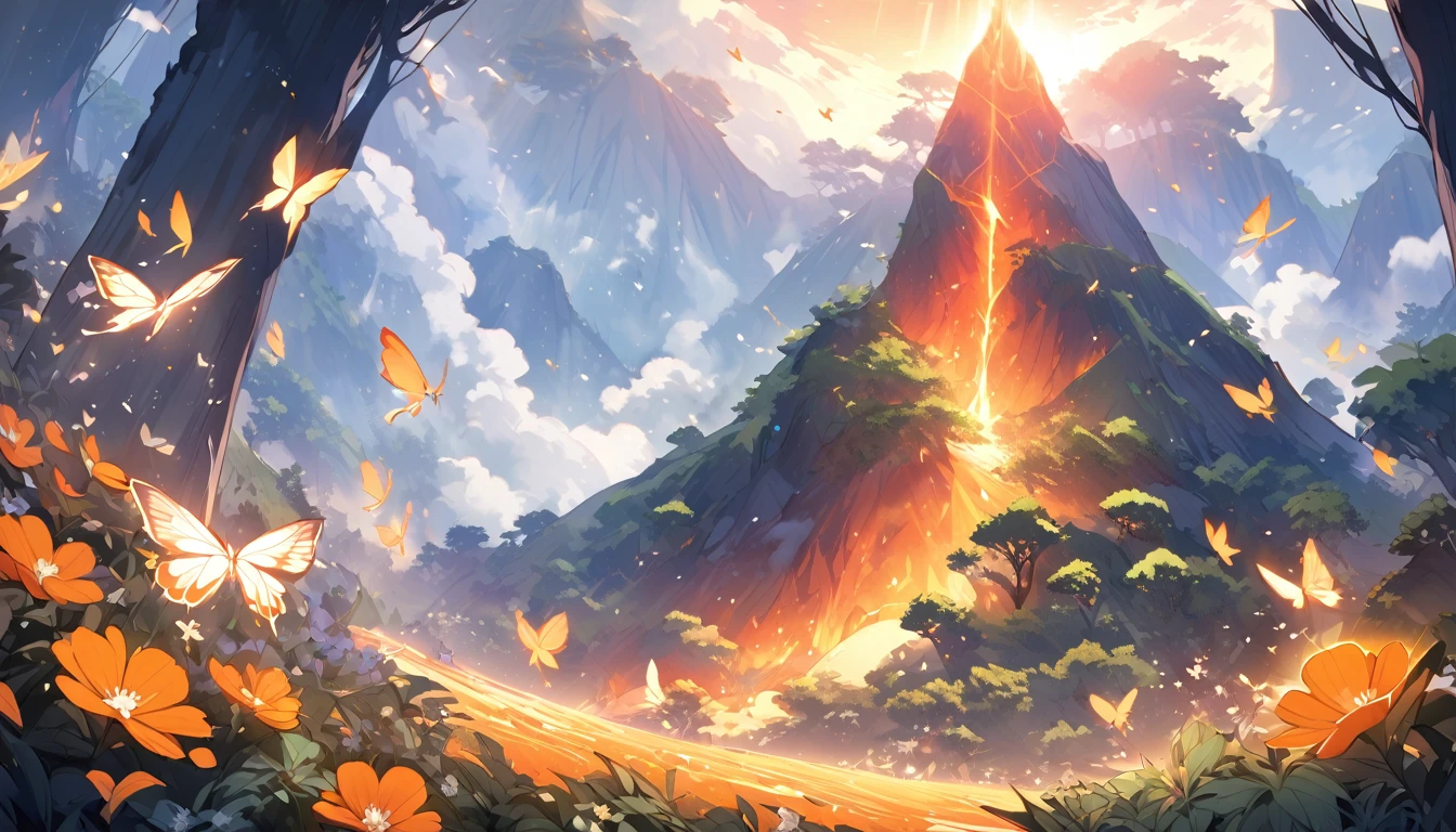 A magical scene bursting with life. Countless orange, black, and white monarch butterflies flutter through a sun-dappled forest. The air shimmers with movement and vibrant color. In the distance, a majestic volcano rises from the mist, only the top with lava, adding a touch of grandeur.