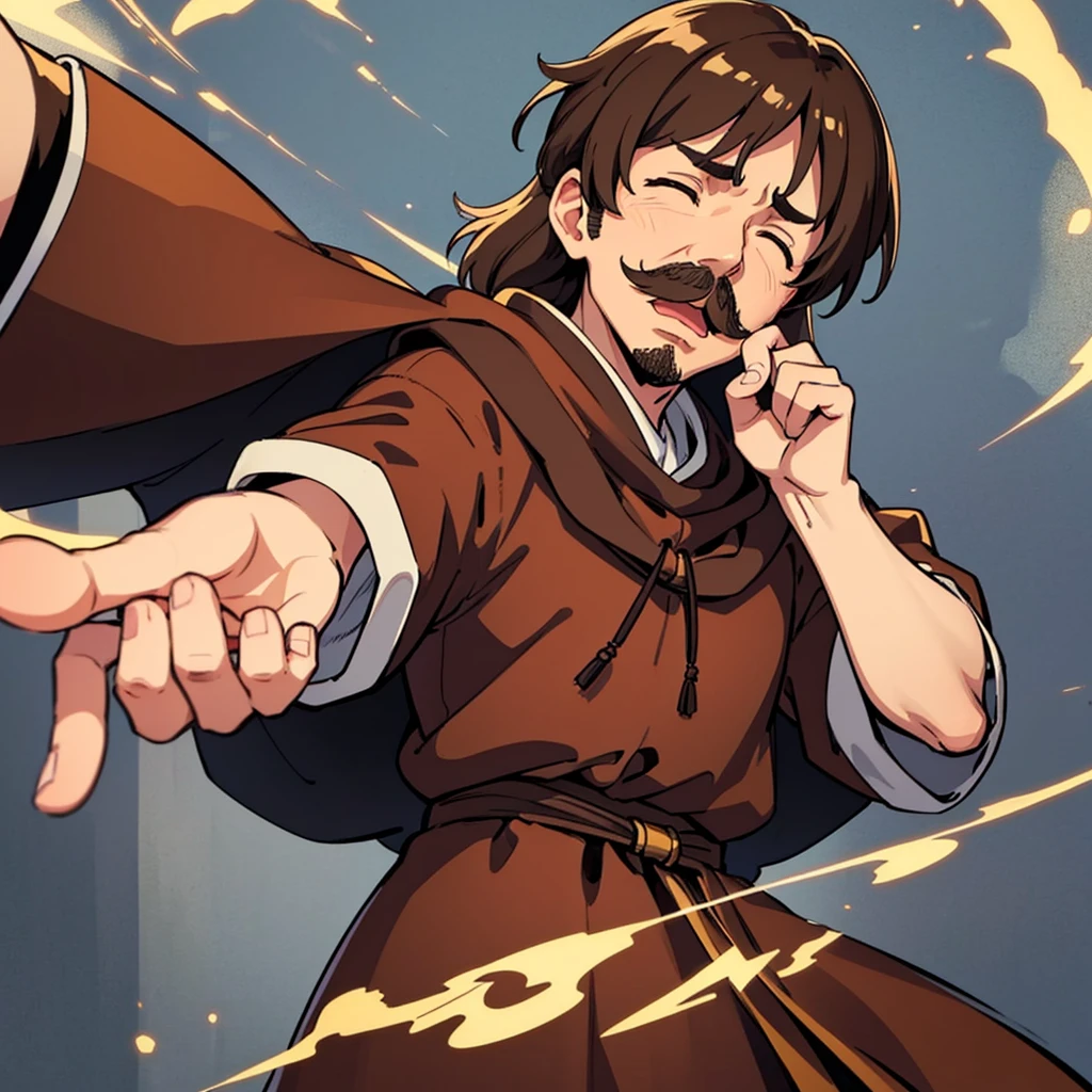 ((((Solo))))、highest quality, Best Quality,Best illustrations、middle ages、(((Brown robes)))、(40-year-old uncle、Kaiser moustache)、(Close your eyes、Close your eyes、Open your mouth、Embarrassed)