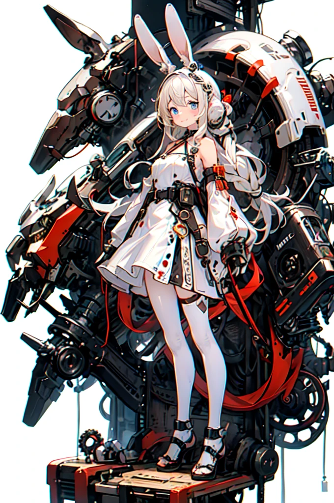 Bunny ears,  Mechanic, Mechanical body,, ultra detailed, masterpiece, highest quality, beautiful, detailed,, alone, A kind smile, A light smile,
One girl, blue eyes, Very long hair, Blonde Hair, long Blonde Hair, French Braid, bangs, Medium chest,, Hair Ribbon, Frilled Chalk, Crisscross halter neck, Sleeveless dress, High Waist Skirt, backless dress, Westbow, Removable sleeves, Ruffle sleeves, Wide sleeves, pantyhose, Patterned legwear, Mary Jane,