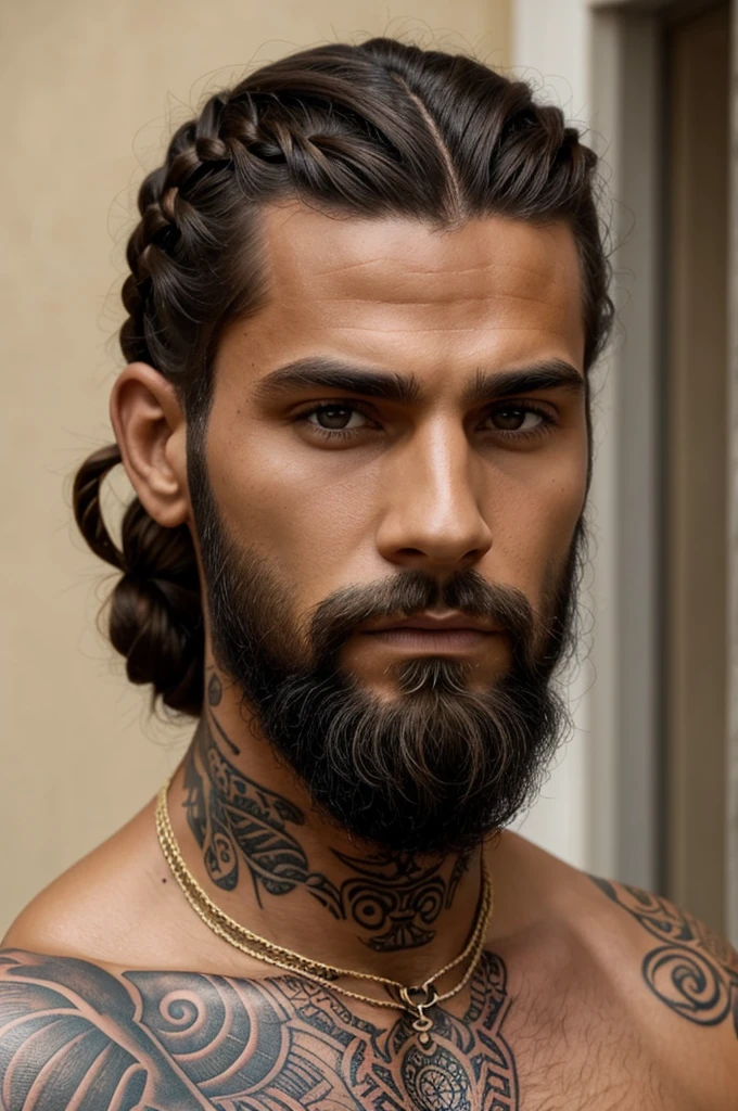crea un hombre de tes bronceada, calvo con trenzas con entradas en la frente, tatuajes de runas en la cabeza, Brown eyes, tatuado de la cara con tatuajes en los brazos, fornido con barba tipo vikingo, con cadenas gruesas de collar,. Con jens meros