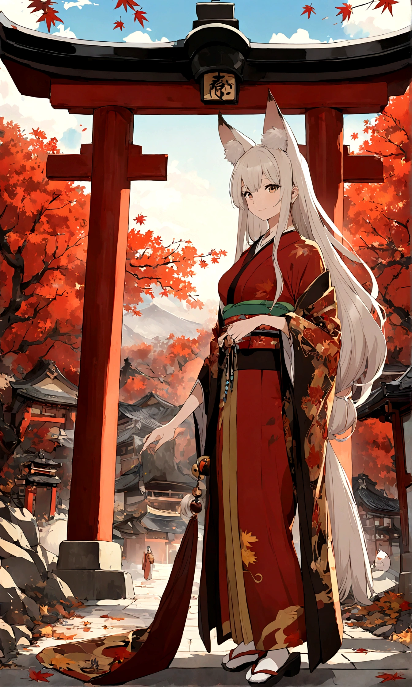 (Fox ears),Mature and elegant sister,身穿kimono的女性、long hair,(kimono,White tabi socks and clogs),shrine,shrine的少女,gentle smile,美丽的shrine风景,autumn,maple,Anime Background,Japanese art style,, 8K,Fallen Leaves