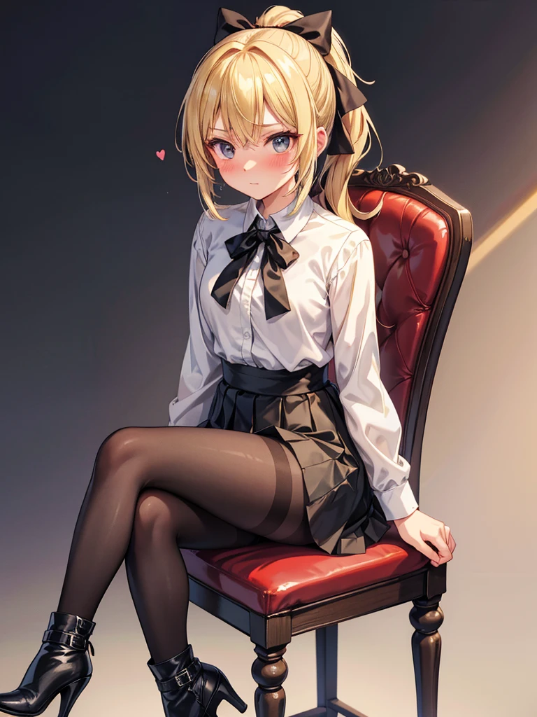 An anime woman with a blonde ponytail with a small black ribbon, a black skirt, pantyhose and high heel boots, sitting on a chair, blushing