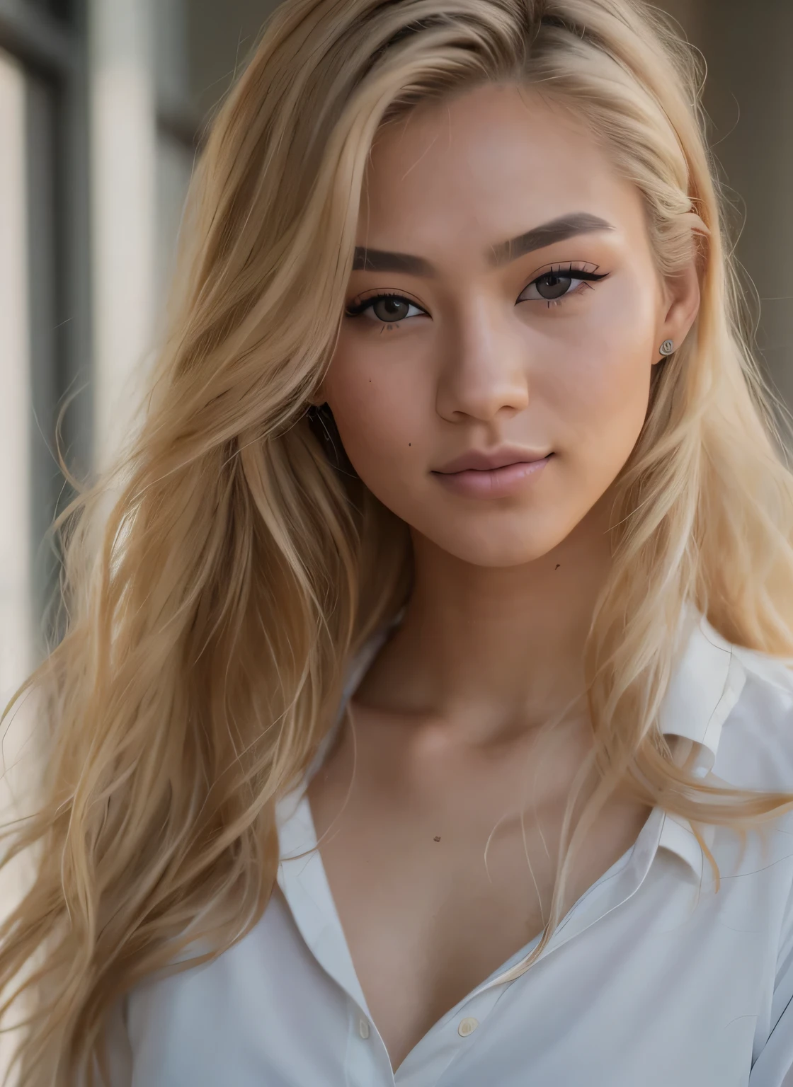 gritty candid raw photo of a young 20 year old beautiful, big lips, full body, high cheekbones, playful, Danish and Korean mixed race, busty, blonde long cut hair, realistic skin texture, athletic and toned, boho-chic, flawed skin, shot with Sony Alpha A6500 1.4f, bokeh, highly detailed, masterpiece,