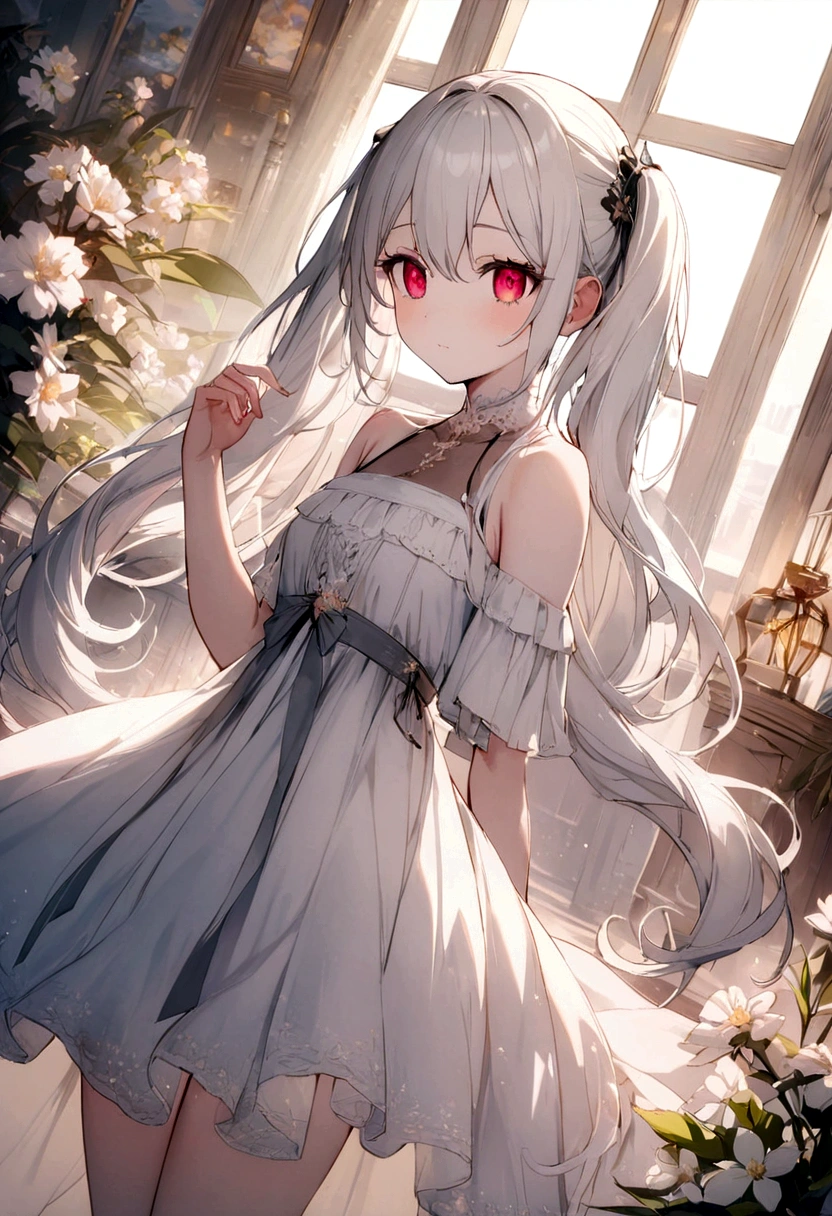 ((masterpiece, best quality))++, Detailed lighting+,  Detailed hair+, Detail hand+ ,1 girl, Miss, Long hair,   Crimson eyes,  beautiful eyes, young white hair,,(Beautiful white hair:1.5),(Beautiful and delicate eyes),  high resolution+,glass tint, Reflective eyes,   {{angle}} , Very detailed wallpaper, The original, ,Sea of Flowers，Air bangs，city road，Double ponytails，Extremely beautiful CG，Girls shopping，Headband，Gray eyelashes