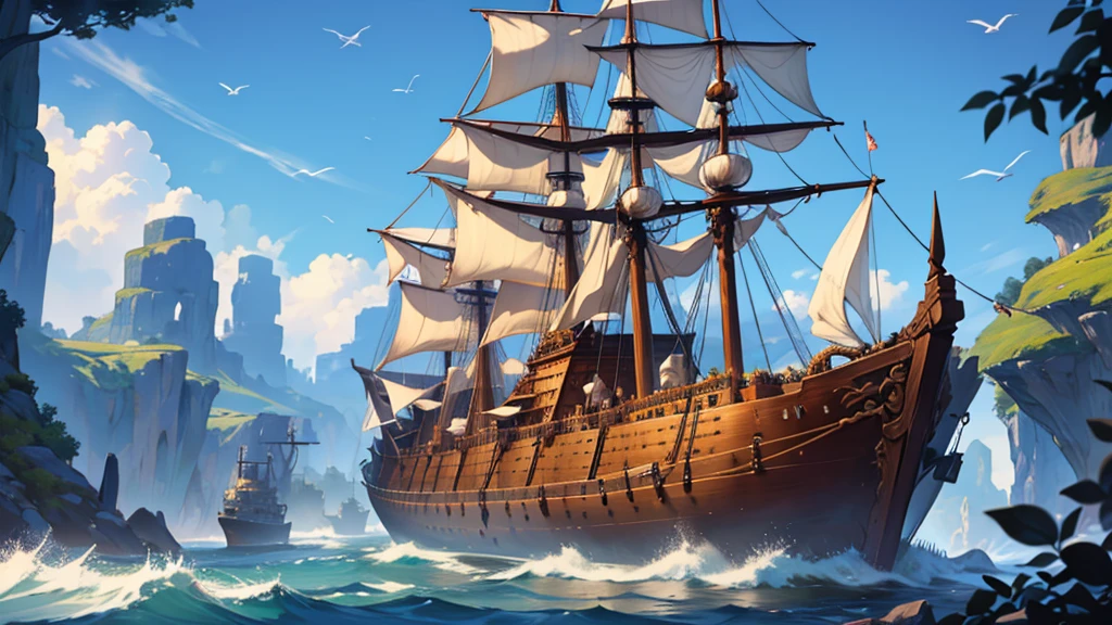 a high fantasy elven style large wooden ship with very detailed intricate carvings on it, a large tree growing at the front of the ship