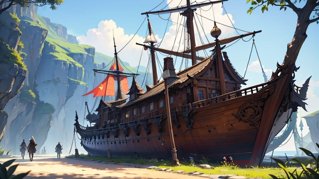 a high fantasy elven style large wooden ship with very detailed intricate carvings on it, a large tree growing at the front of the ship