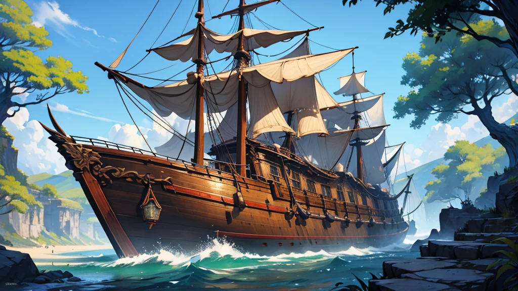 a high fantasy elven style large wooden ship with very detailed intricate carvings on it, a large tree growing at the front of the ship