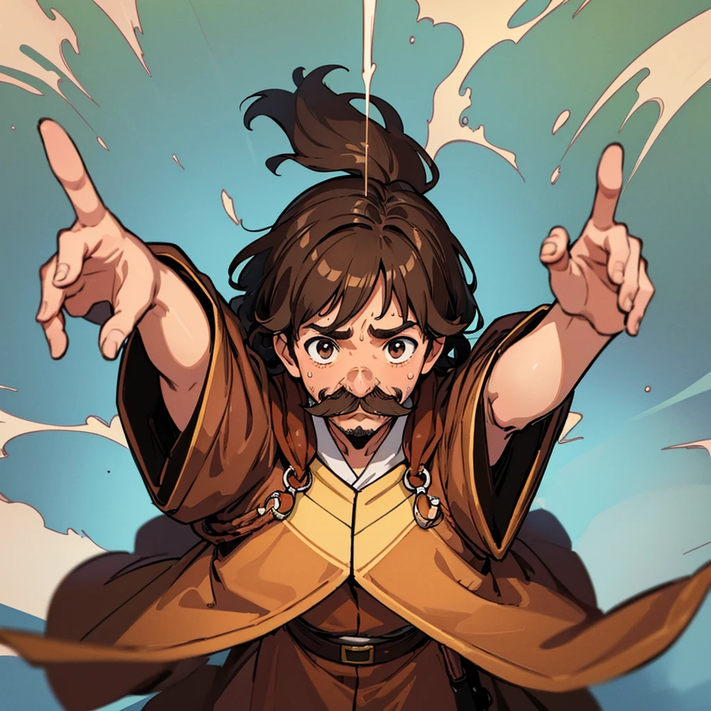 ((((Solo))))、highest quality, Best Quality,Best illustrationiddle ages、(((Brown robes)))、(40-year-old uncle、Kaiser moustache)、(anxiety、Sweat、surprise)、From above