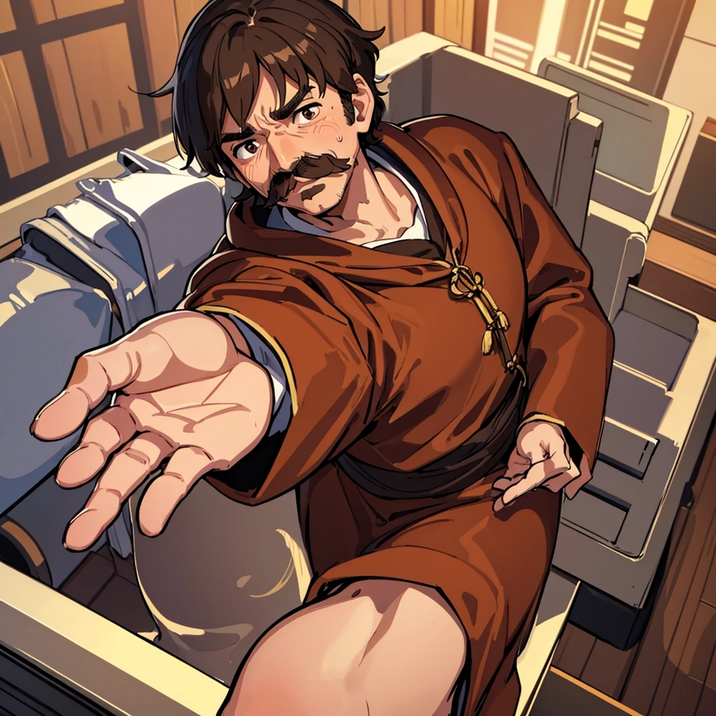 ((((Solo))))、highest quality, Best Quality,Best illustrationiddle ages、(((Brown robes)))、(40-year-old uncle、Kaiser moustache)、(anxiety、Sweat、surprise)、From above
