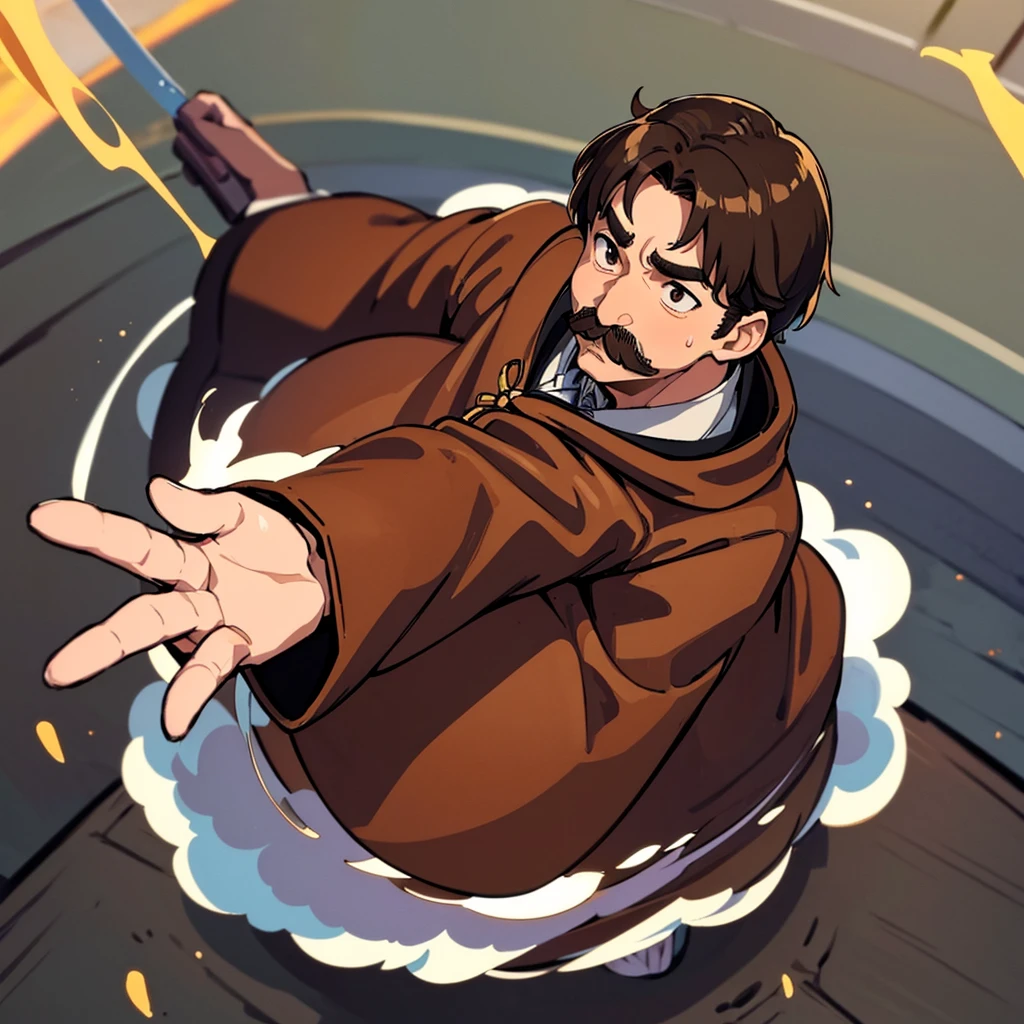 ((((Solo))))、highest quality, Best Quality,Best illustrationiddle ages、(((Brown robes)))、(40-year-old uncle、Kaiser moustache)、(anxiety、Sweat、surprise)、From above