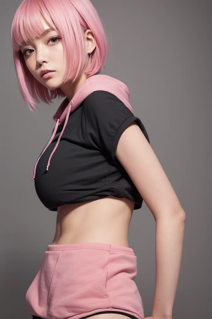 masterpiece, high_quality, 1girl, short_hair, pink_hair, hoodie, cap, black_shorts, medium_breast, mature_woman, simple_background