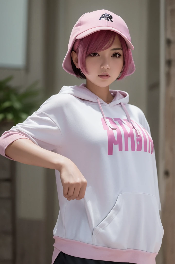 masterpiece, high_quality, 1girl, short_hair, pink_hair, hoodie, cap, black_shorts, medium_breast, mature_woman, simple_background