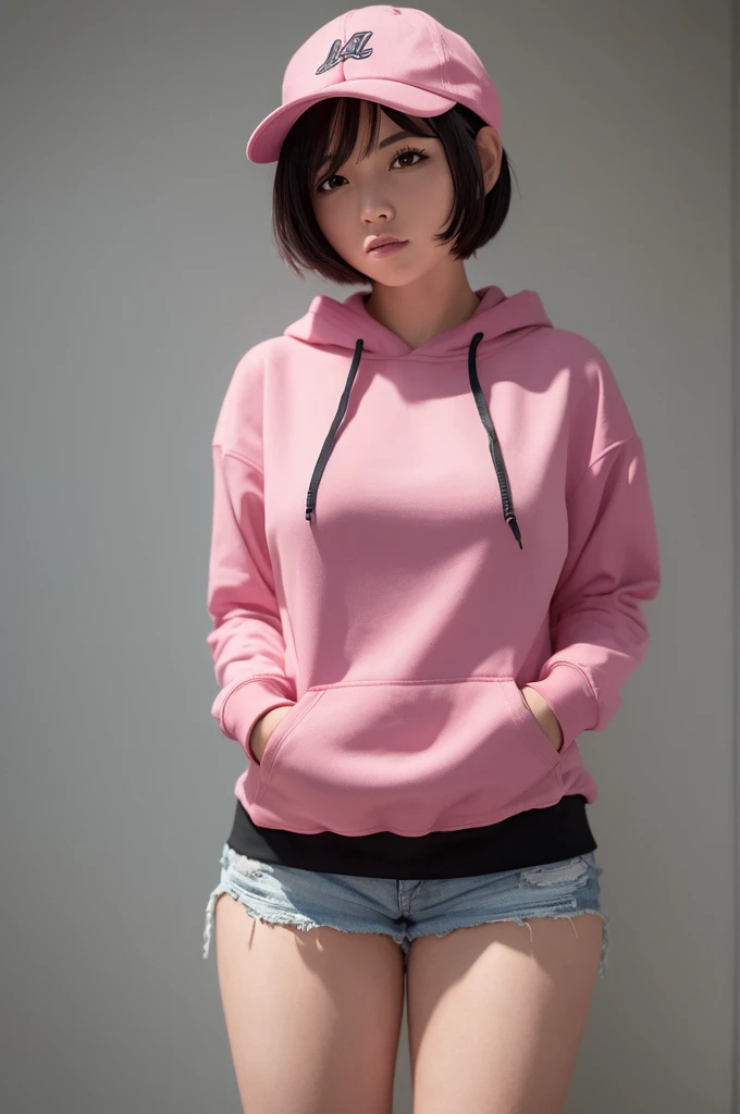 masterpiece, high_quality, 1girl, short_hair, pink_hair, hoodie, cap, black_shorts, medium_breast, mature_woman, simple_background